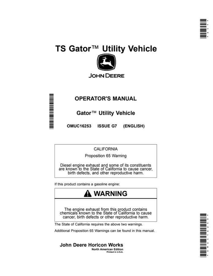 John Deere TS Gator Utility vehicle Operator Manual OMUC16253 — actual manual cover