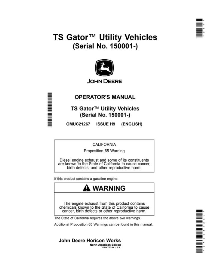 John Deere TS Gator Utility vehicle Operator Manual OMUC21267 — actual manual cover