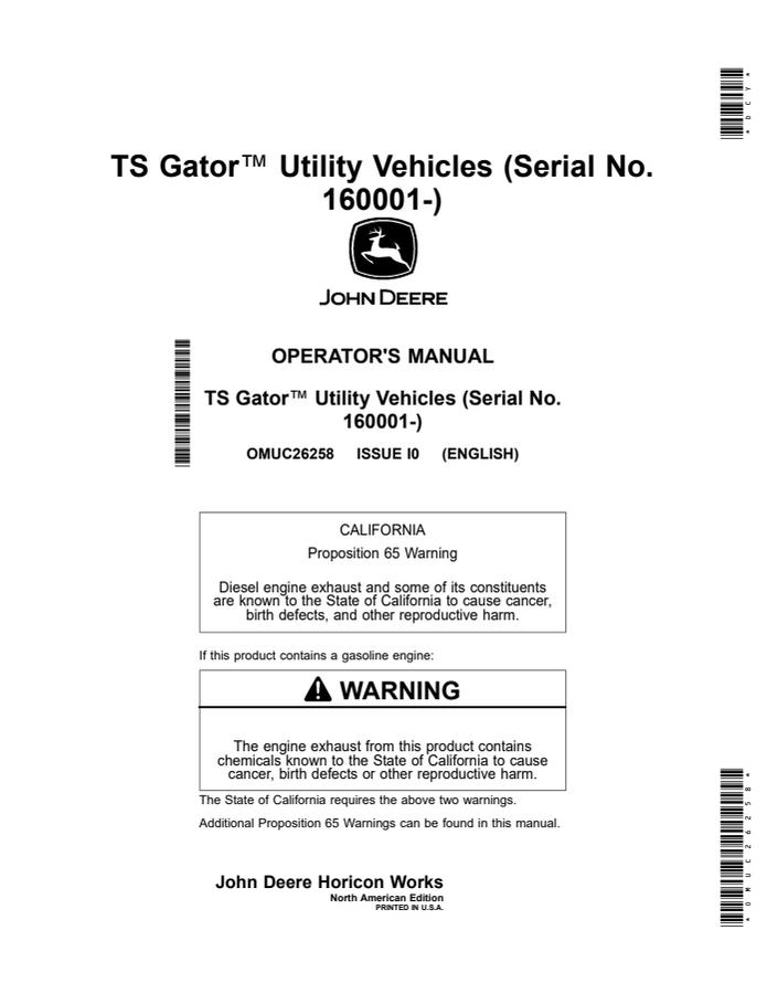 John Deere TS Gator Utility vehicle Operator Manual OMUC26258 — actual manual cover