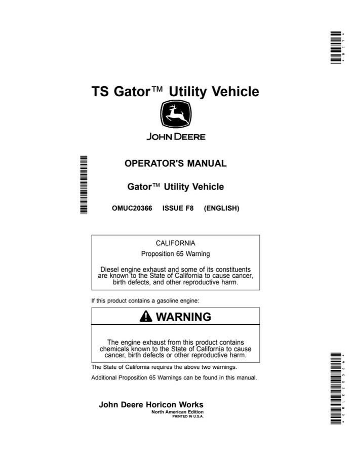 John Deere TS Gator Utility Vehicle Operator's Manual OMUC20366 — actual manual cover