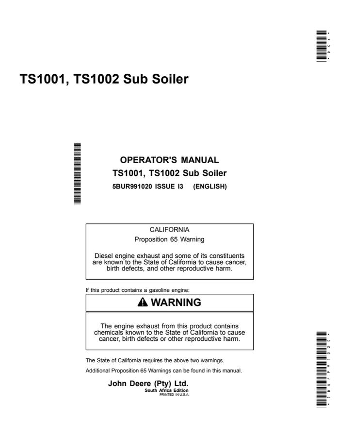 John Deere TS1001, TS1002 Subsoiler Operator Manual 5BUR991020 — actual manual cover
