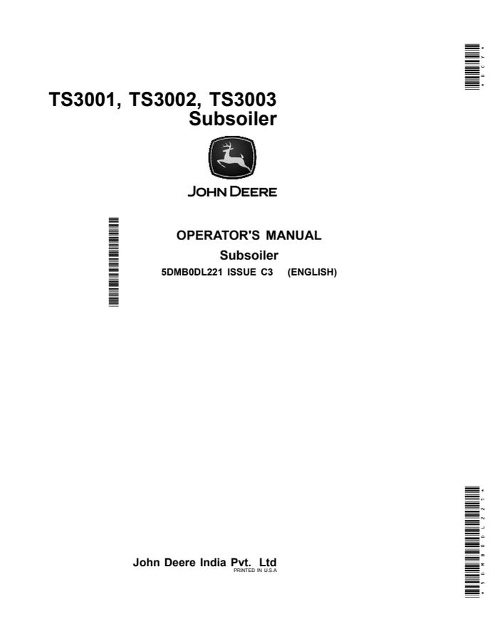 John Deere TS3001, TS3002, TS3003 Subsoiler Operator Manual 5DMB0DL221 — actual manual cover