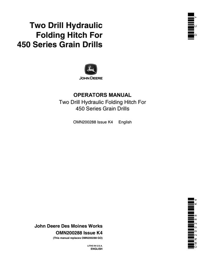John Deere Two-drill hitch for 450 Series Grain Drills Hydraulic Folding Hitch Operator's Manual OMN200288 — actual manual cover