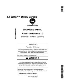 John Deere TX Gator Utility vehicle Operator Manual OMM174359 — actual manual cover