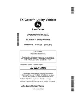 John Deere TX Gator Utility vehicle Operator Manual OMM178642 — actual manual cover