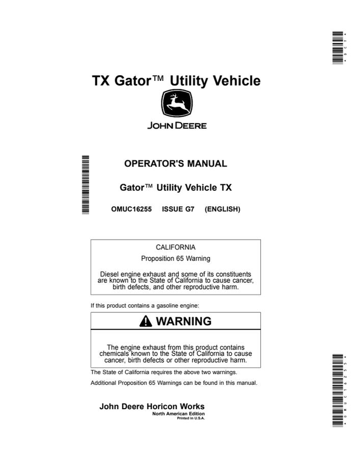 John Deere TX Gator Utility vehicle Operator Manual OMUC16255 — actual manual cover