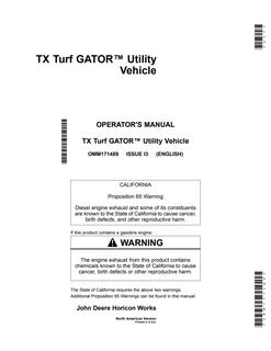 John Deere TX Turf Gator Utility vehicle Operator Manual OMM171489 — actual manual cover