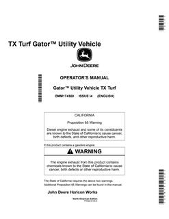 John Deere TX Turf Gator Utility vehicle Operator Manual OMM174360 — actual manual cover