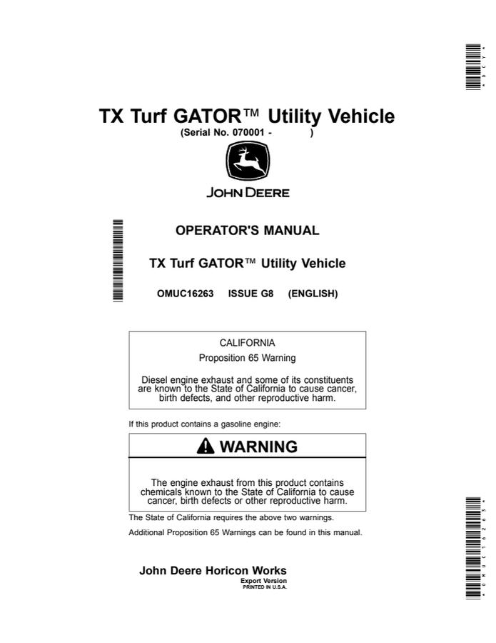 John Deere TX Turf Gator Utility vehicle Operator Manual OMUC16263 — actual manual cover