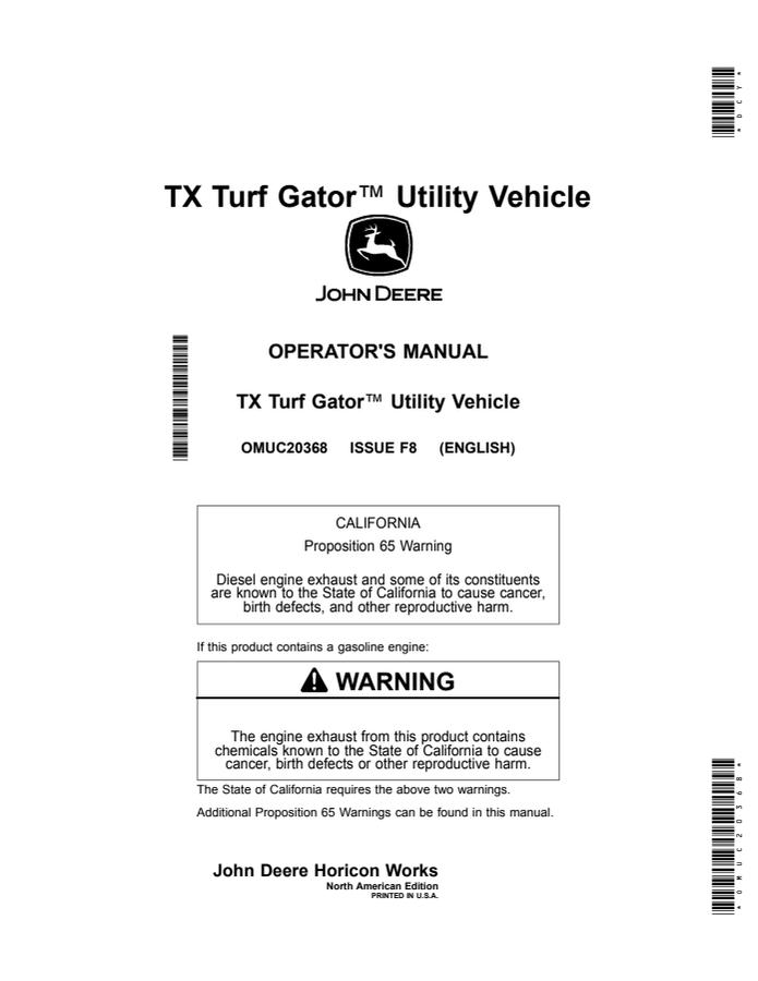 John Deere TX Turf Gator Utility vehicle Operator Manual OMUC20368 — actual manual cover