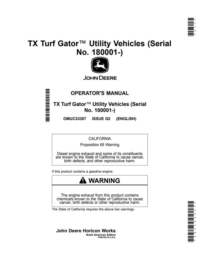 John Deere TX Turf Gator Utility vehicle Operator Manual OMUC33357 — actual manual cover