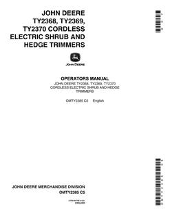 John Deere TY2368, TY2369, TY2370 Cordless shrub and hedge trimmer Operator Manual OMTY2385 — actual manual cover