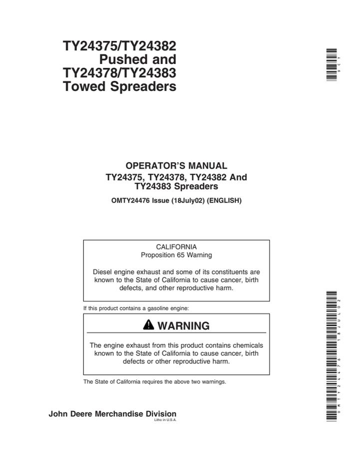 John Deere TY24375, TY24378, TY24382, TY24383 Spreader Operator Manual OMTY24476 — actual manual cover