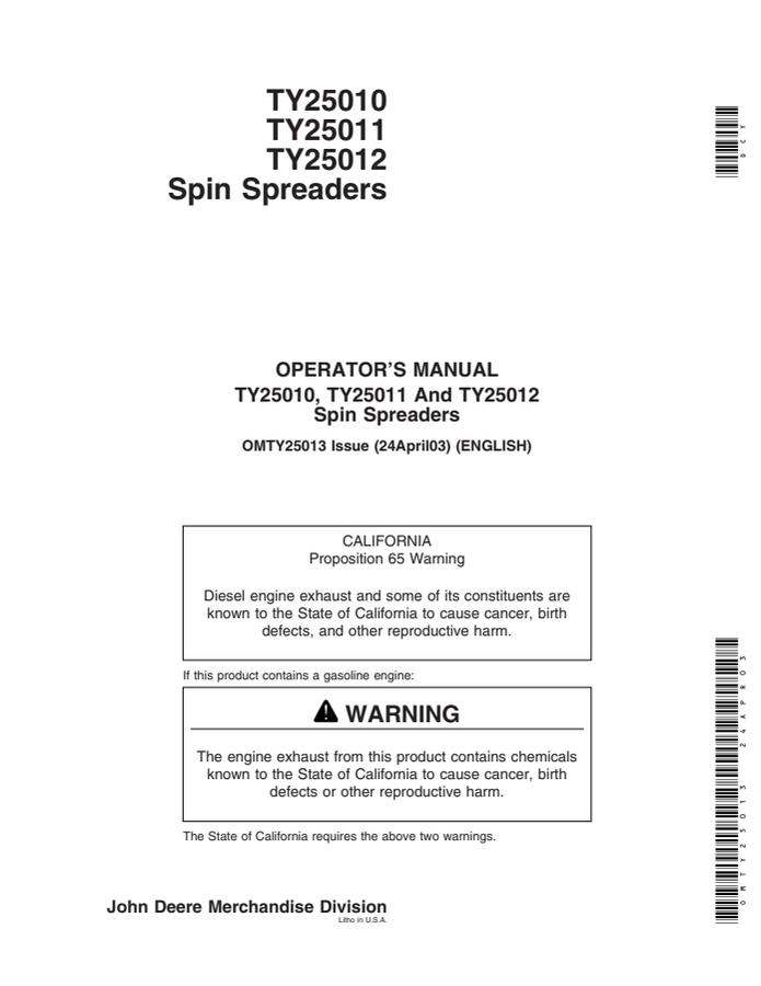 John Deere TY25010, TY25011, TY25012 Spreader Operator Manual OMTY25013 — actual manual cover