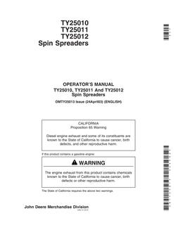 John Deere TY25010, TY25011, TY25012 Spreader Operator Manual OMTY25013 — actual manual cover