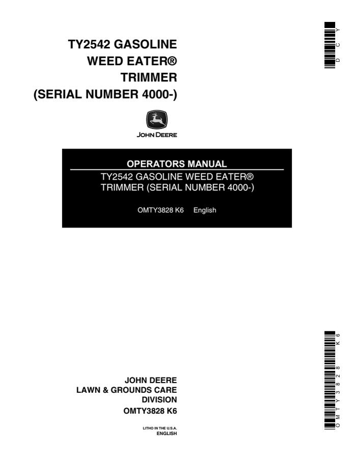 John Deere TY2542 String trimmer Operator Manual OMTY3828 — actual manual cover