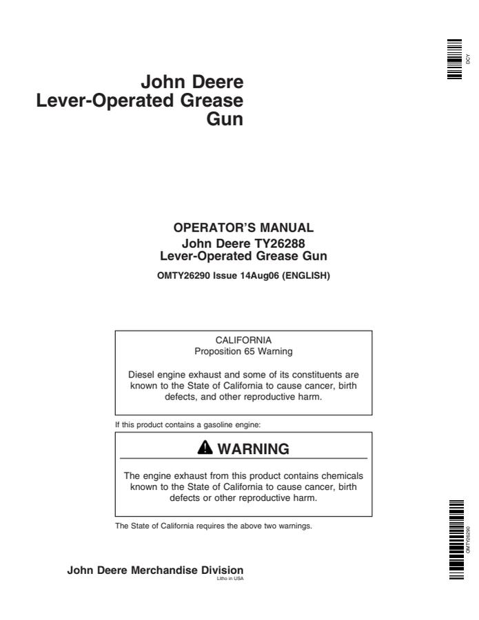 John Deere TY26288 Grease gun Operator Manual OMTY26290 — actual manual cover