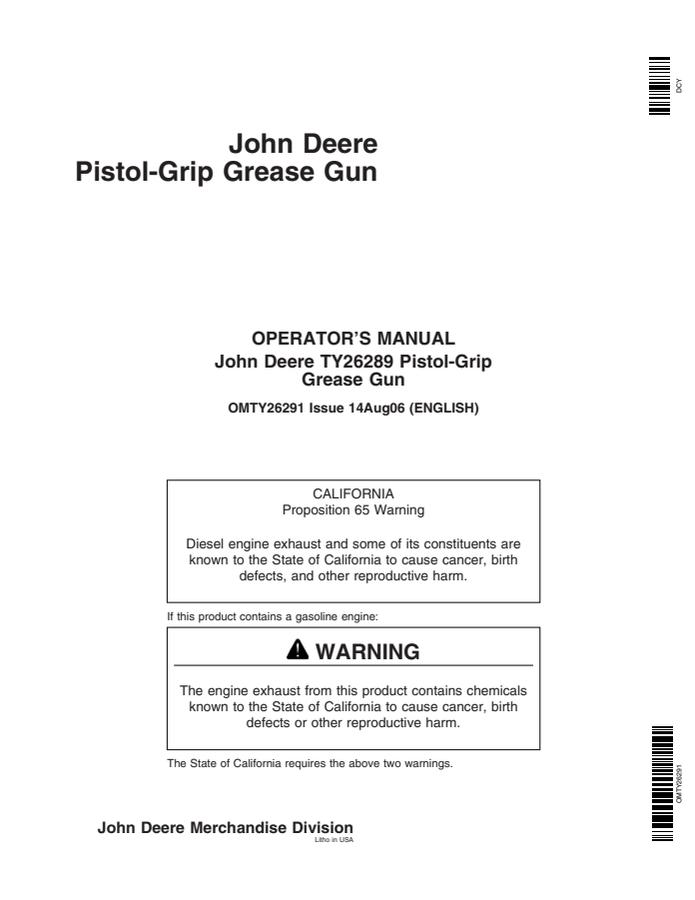 John Deere TY26289 Grease Gun Operator Manual OMTY26291 — actual manual cover