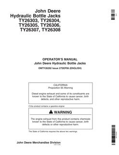 John Deere TY26303, TY26304, TY26305, TY26306, TY26307, TY26308 Bottle jack Operator Manual OMTY26292 — actual manual cover