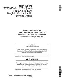 John Deere TY26313, TY26314 Service jack Operator Manual OMTY26293 — actual manual cover