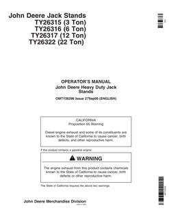 John Deere TY26315, TY26316, TY26317, TY26322 Jack stand Operator Manual OMTY26296 — actual manual cover