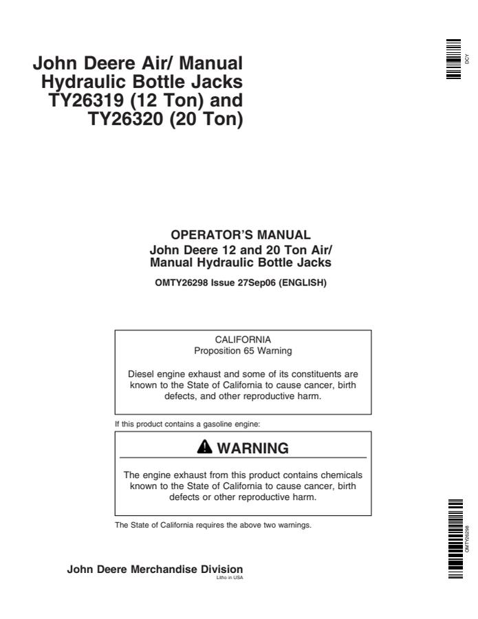 John Deere TY26319, TY26320 Bottle jack Operator Manual OMTY26298 — actual manual cover