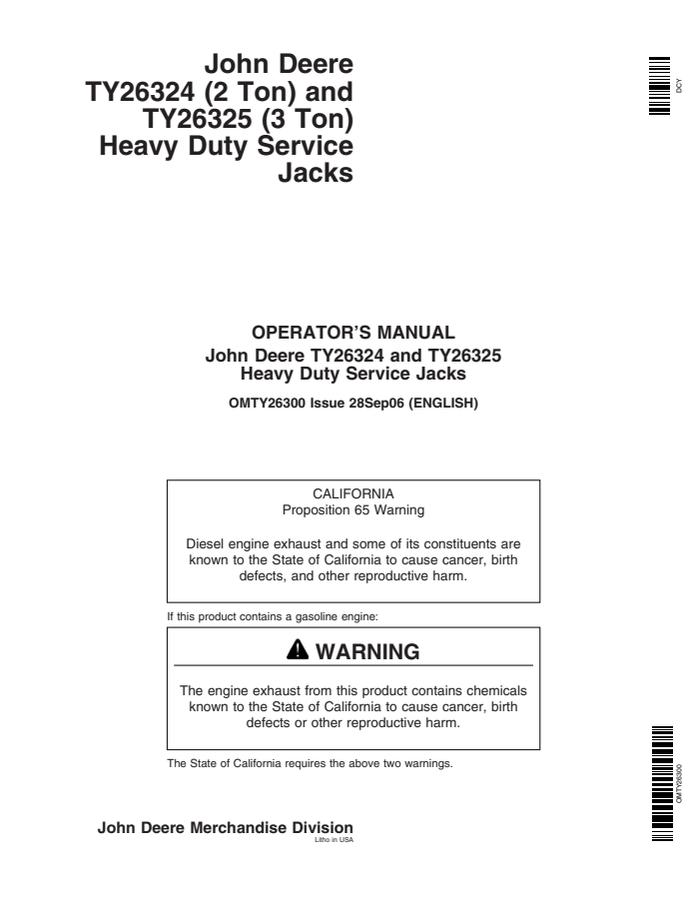 John Deere TY26324, TY26325 Service jack Operator Manual OMTY26300 — actual manual cover