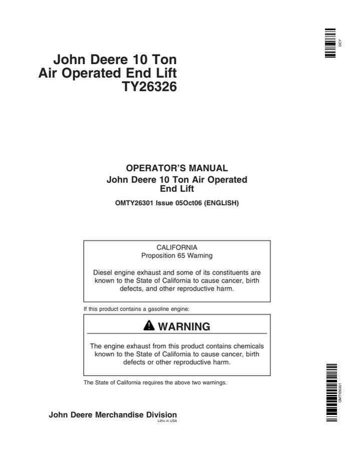 John Deere TY26326 Air operated end lift Operator Manual OMTY26301 — actual manual cover