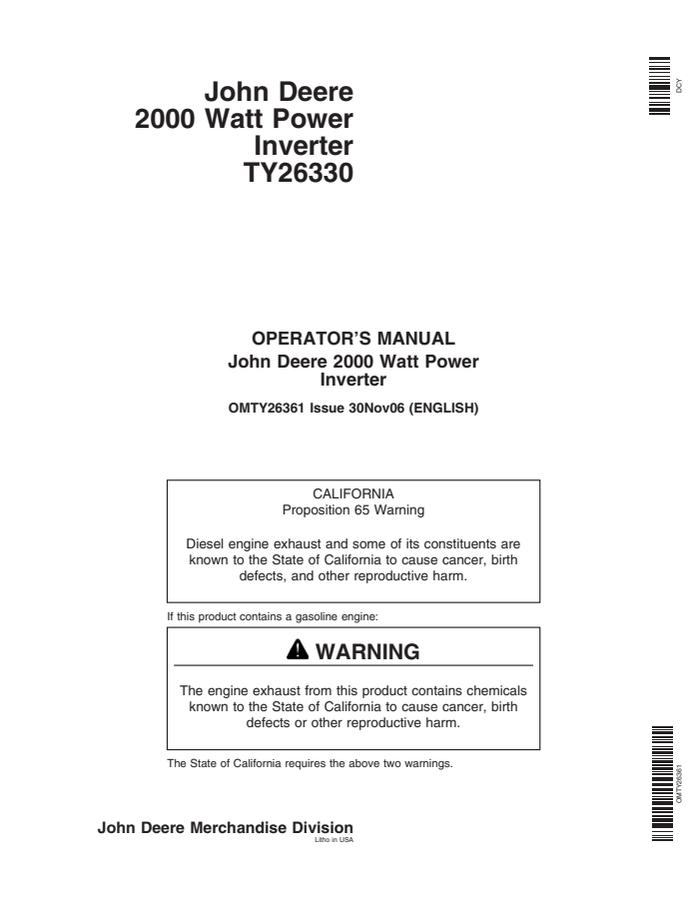 John Deere TY26330 Power inverter Operator manual OMTY26361 — actual manual cover