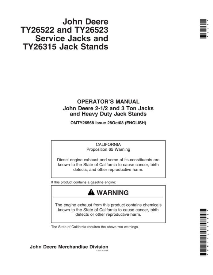 John Deere TY26522, TY26523, TY26315 Service jack and jack stands Operator Manual OMTY26568 — actual manual cover