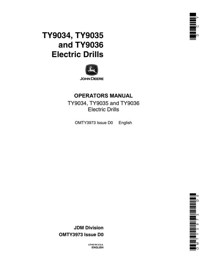 John Deere TY9034, TY9035, TY9036 Electric drill Operator Manual OMTY3973 — actual manual cover