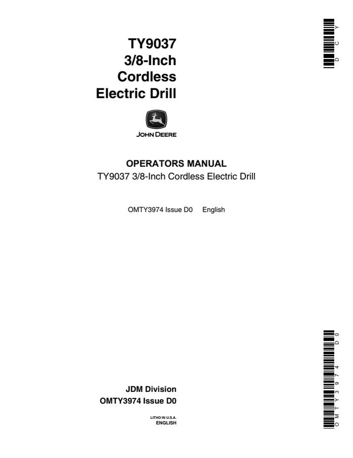 John Deere TY9037 Cordless drill Operator Manual OMTY3974 — actual manual cover