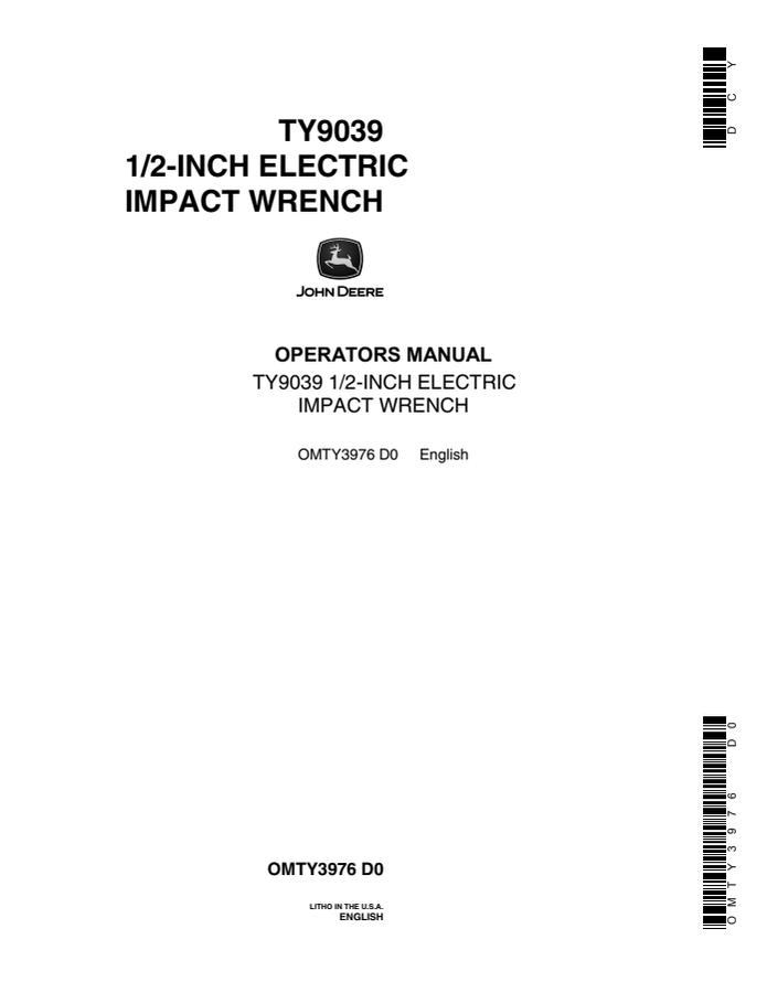 John Deere TY9039 1/2-inch Impact Wrench Operator's Manual OMTY3976 — actual manual cover