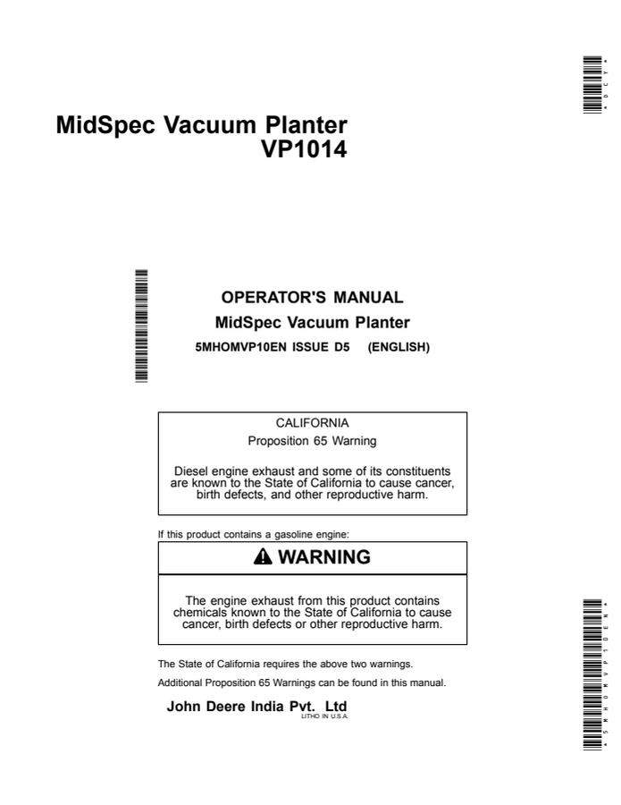 John Deere VP1014 Vacuum planter Operator manual 5MHOMVP10EN — actual manual cover