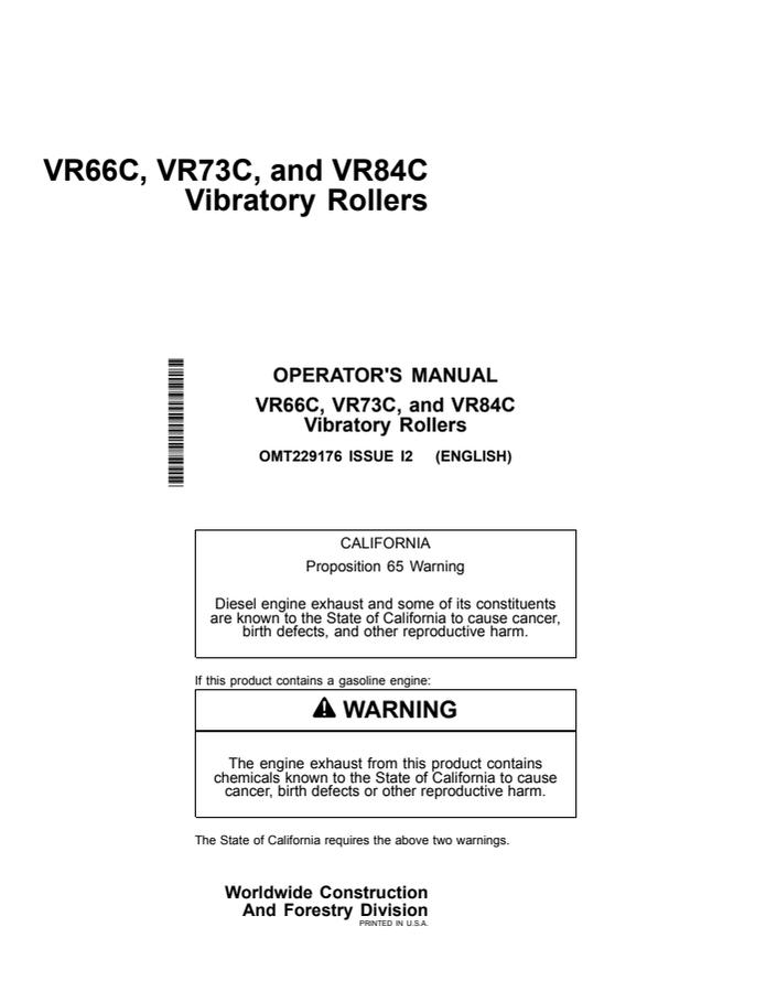 John Deere VR66C, VR73C, VR84C Vibratory roller Operator Manual OMT229176 — actual manual cover