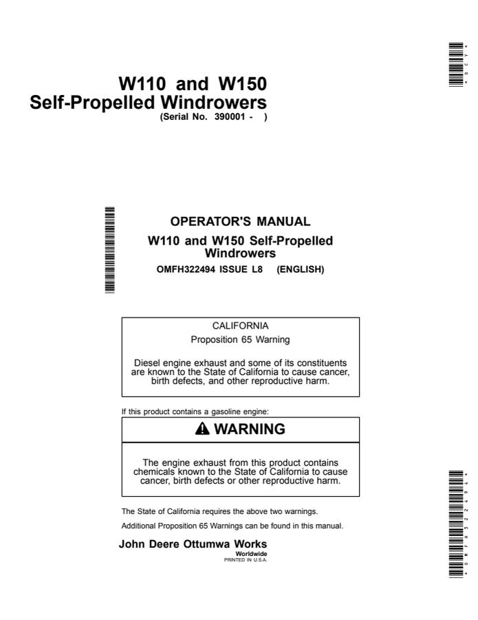 John Deere W110, W150 Self-propelled windrower Operator manual OMFH322494 — actual manual cover
