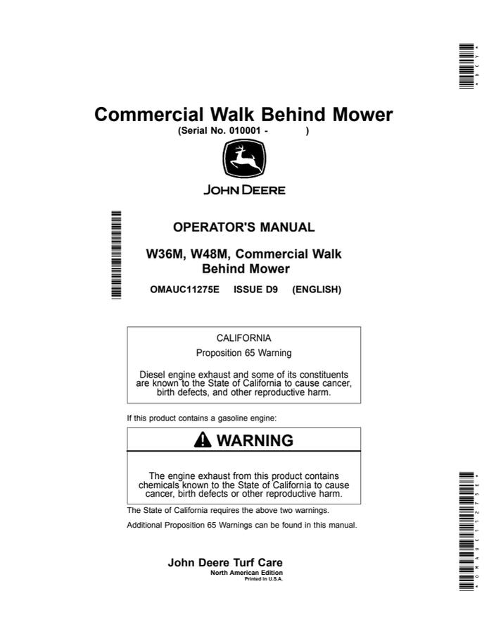 John Deere W36M, W48M Walk-behind mower Operator Manual OMAUC11275E — actual manual cover