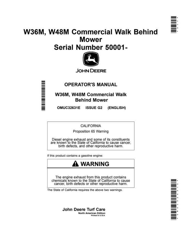 John Deere W36M, W48M Walk-behind mower Operator Manual OMUC32631E — actual manual cover