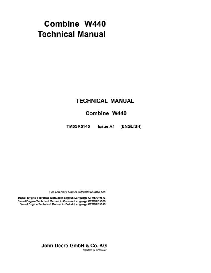 John Deere W440 Combine Technical Manual TM5SR5145 — actual manual cover