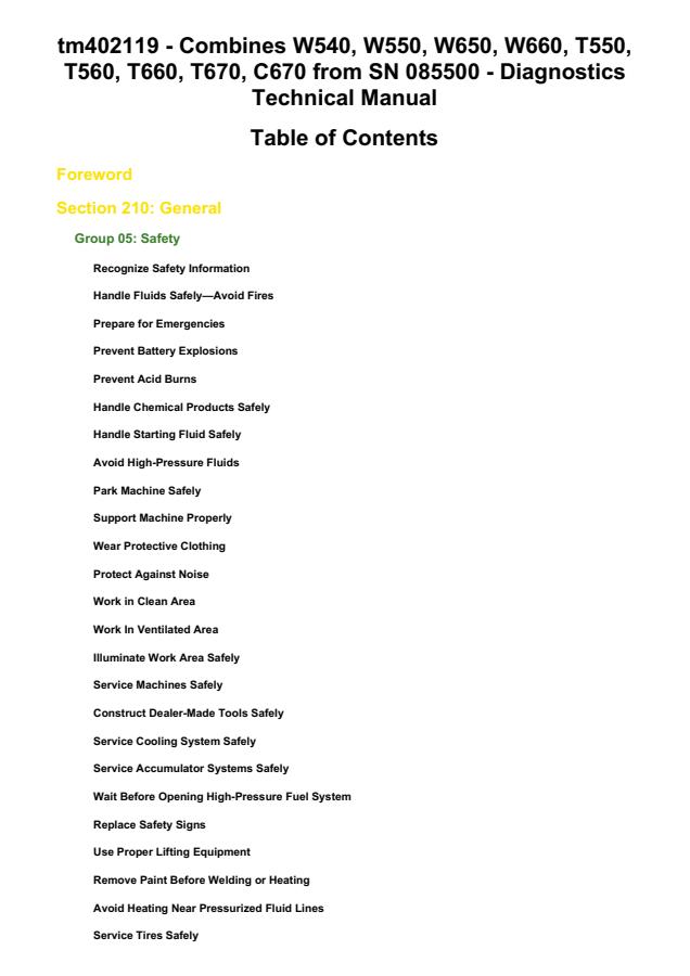 John Deere W540, W550, W650, W660, T550, T560, T660, T670, C670 Combine Diagnostics technical manual TM402119 — actual manual cover