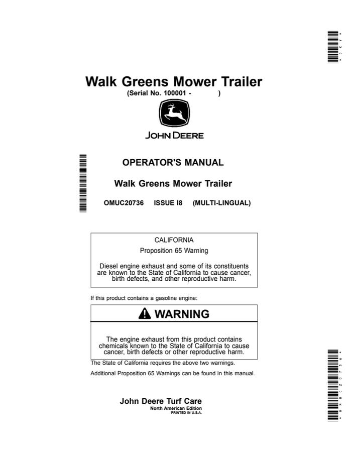 John Deere Walk Greens Mower Trailer Mower trailer Operator Manual OMUC20736 — actual manual cover