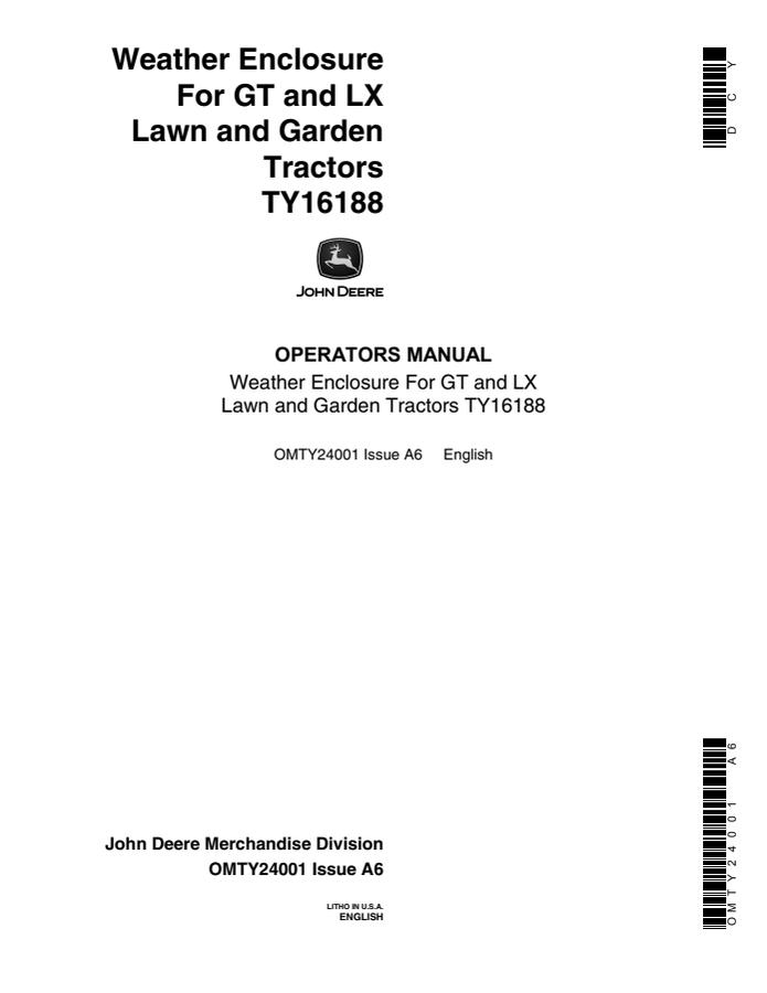 John Deere Weather Enclosure for GT and LX lawn and garden tractors Weather enclosure Operator manual OMTY24001 — actual manual cover