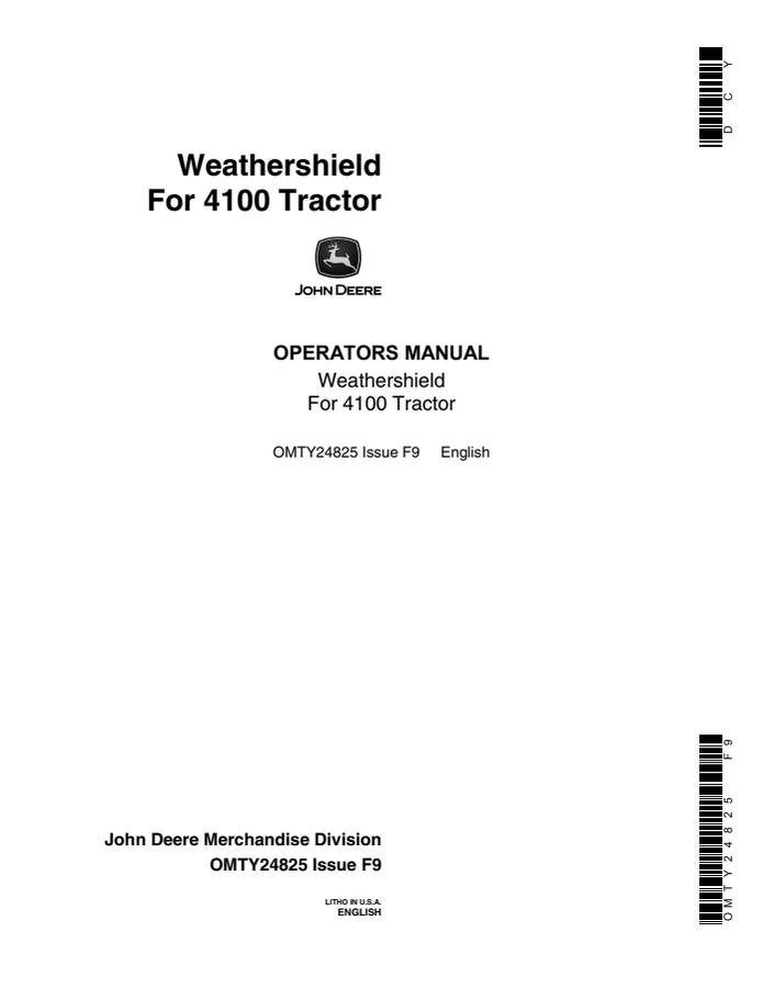 John Deere Weathershield for 4100 Tractor accessory Operator Manual OMTY24825 — actual manual cover