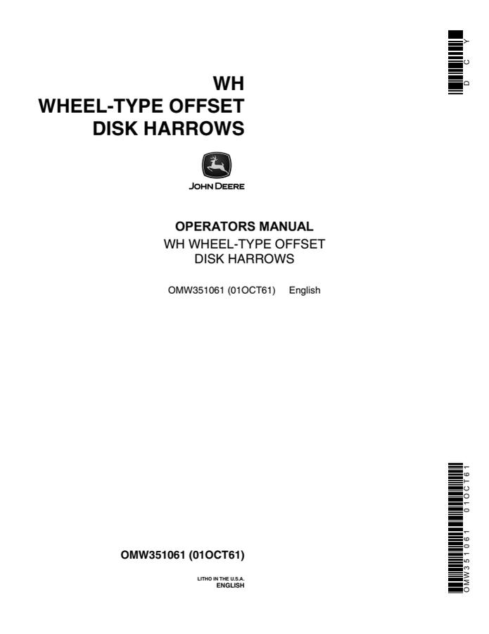 John Deere WH Wheel-Type Offset Disk Harrows Disk harrow Operator's manual OMW351061 — actual manual cover