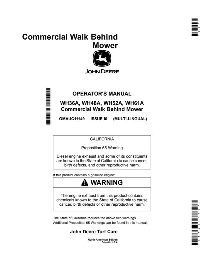 John Deere WH36A, WH48A, WH52A, WH61A Walk-behind mower Operator Manual OMAUC11149 — actual manual cover