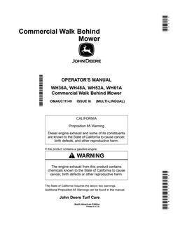 John Deere WH36A, WH48A, WH52A, WH61A Walk-behind mower Operator Manual OMAUC11149 — actual manual cover