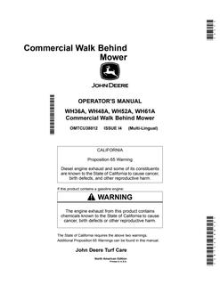 John Deere WH36A, WH48A, WH52A, WH61A Walk-behind mower Operator Manual OMTCU38812 — actual manual cover