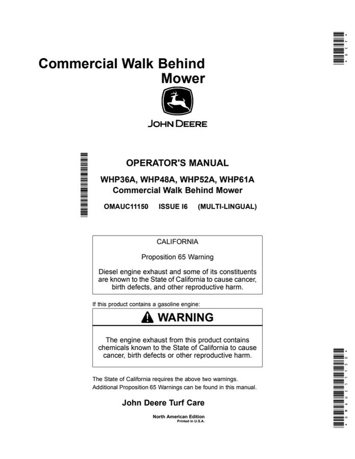 John Deere WHP36A, WHP48A, WHP52A, WHP61A Walk-behind mower Operator Manual OMAUC11150 — actual manual cover
