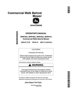 John Deere WHP36A, WHP48A, WHP52A, WHP61A Walk-behind mower Operator Manual OMAUC11150 — actual manual cover