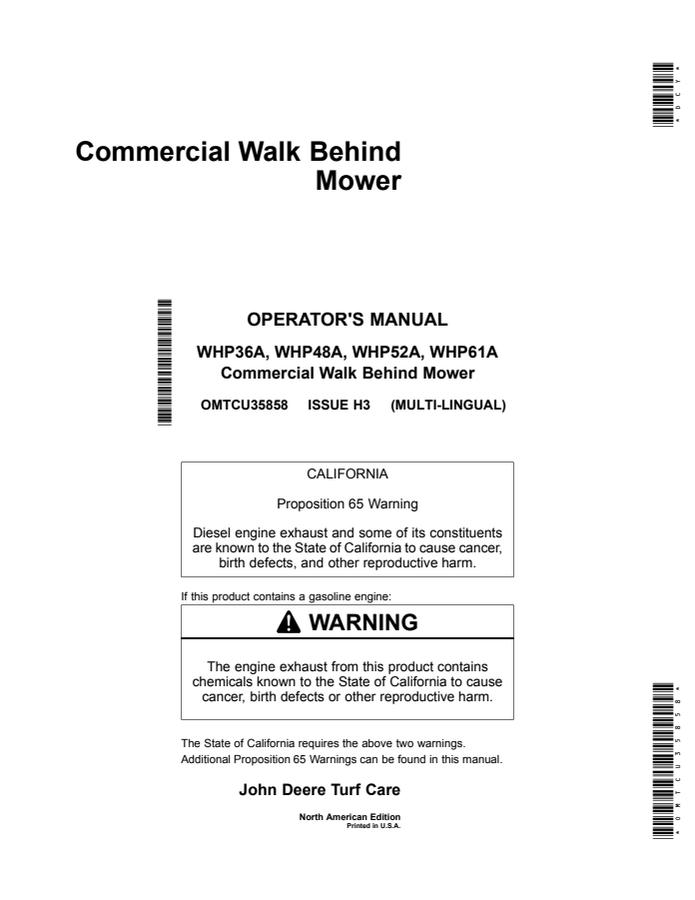 John Deere WHP36A, WHP48A, WHP52A, WHP61A Walk-behind mower Operator Manual OMTCU35858 — actual manual cover